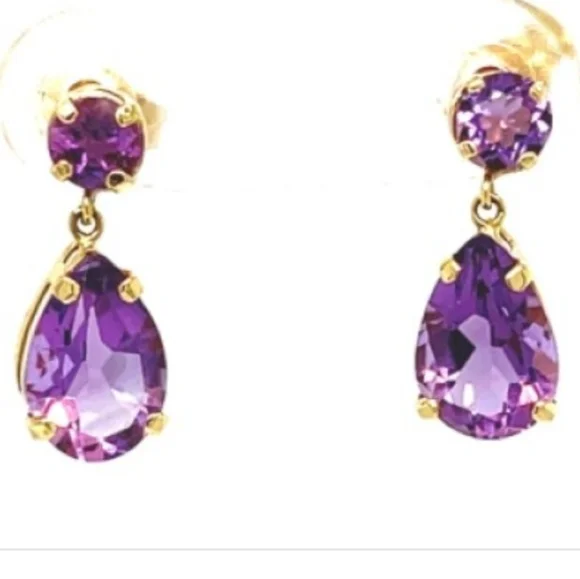 14K Teardrop Amethyst Yellow Gold Earrings - Picture 3 of 3